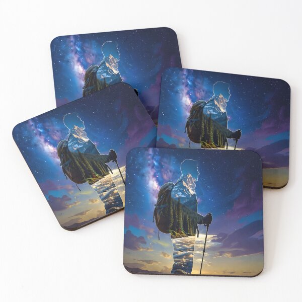 Item preview, Hiker Double Exposure Milky Way Mountain Forest Adventure Night Sky Art Print designed and sold by DreamyWallVibes.