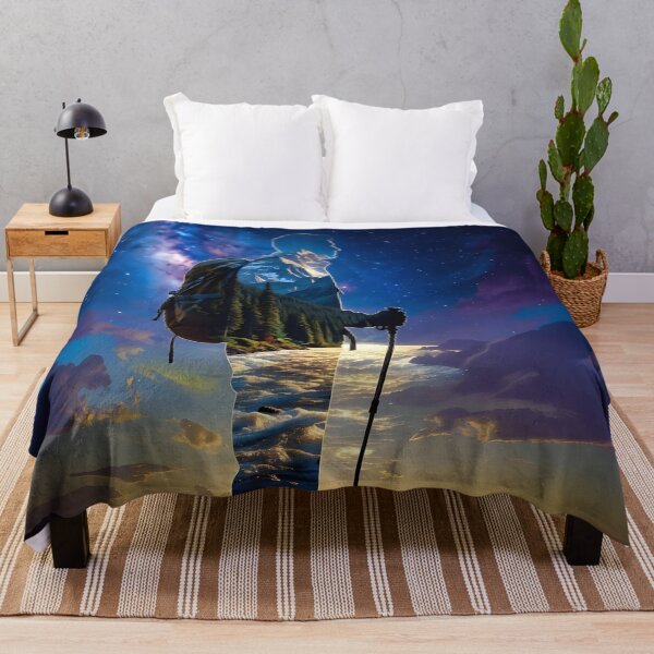 Item preview, Hiker Double Exposure Milky Way Mountain Forest Adventure Night Sky Art Print designed and sold by DreamyWallVibes.