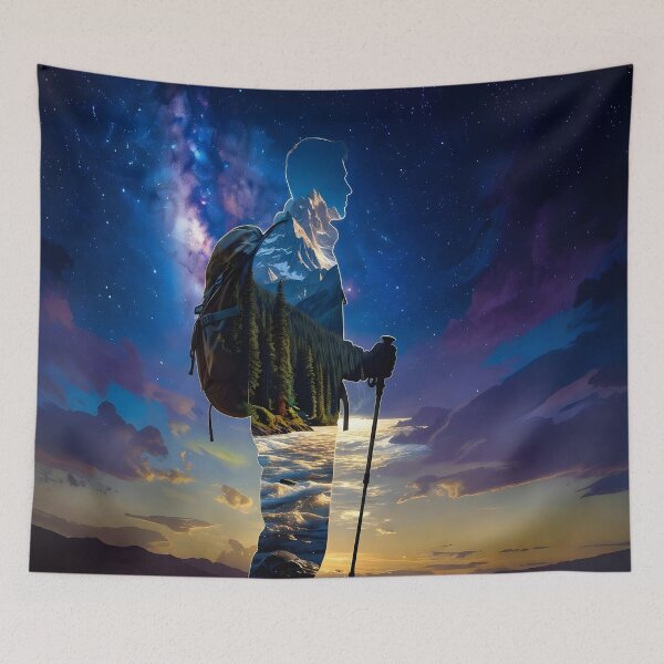 Item preview, Hiker Double Exposure Milky Way Mountain Forest Adventure Night Sky Art Print designed and sold by DreamyWallVibes.