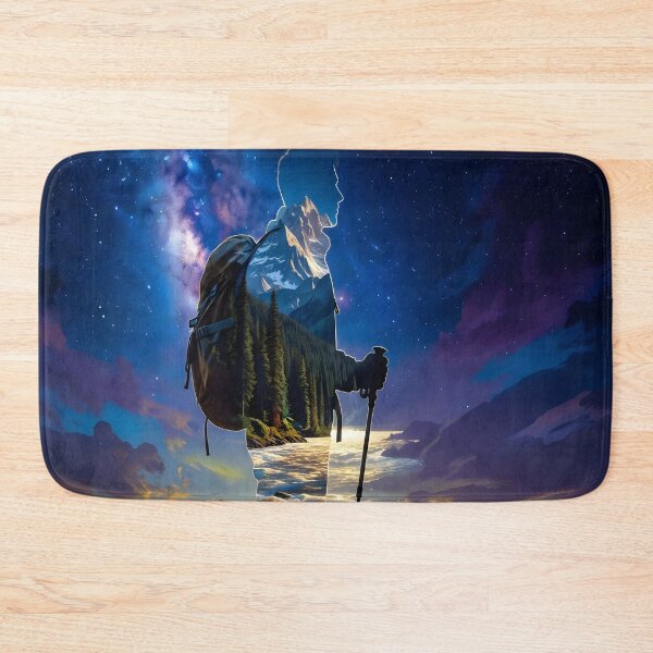 Item preview, Hiker Double Exposure Milky Way Mountain Forest Adventure Night Sky Art Print designed and sold by DreamyWallVibes.