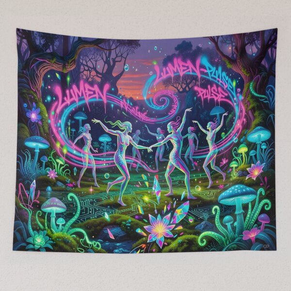 Item preview, Neon Fairy Forest Dance Art  Psychedelic Glow Fantasy Mushrooms & Magic Women designed and sold by DreamyWallVibes.
