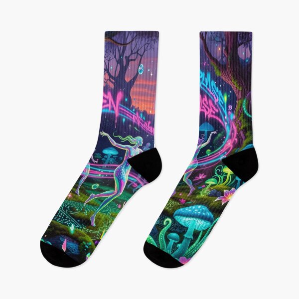 Item preview, Neon Fairy Forest Dance Art  Psychedelic Glow Fantasy Mushrooms & Magic Women designed and sold by DreamyWallVibes.