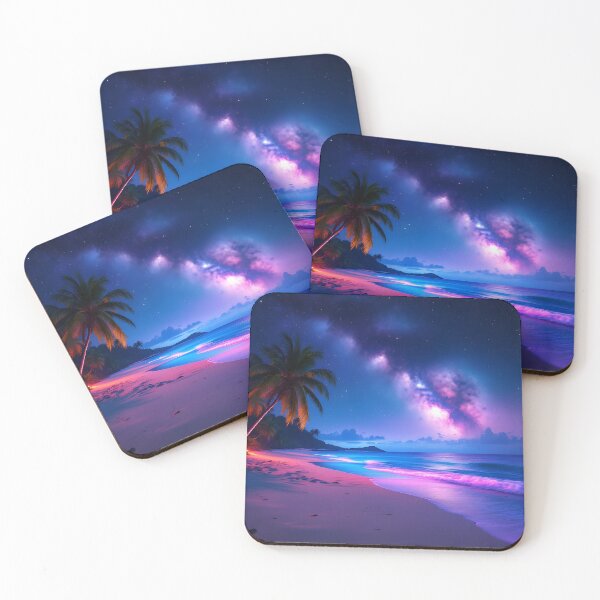 Item preview, Neon Galaxy Beach Night Art  Tropical Ocean Aesthetic Palm Trees & Starry Sky designed and sold by DreamyWallVibes.