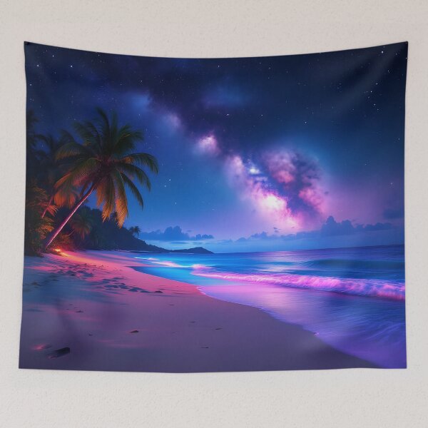 Item preview, Neon Galaxy Beach Night Art  Tropical Ocean Aesthetic Palm Trees & Starry Sky designed and sold by DreamyWallVibes.