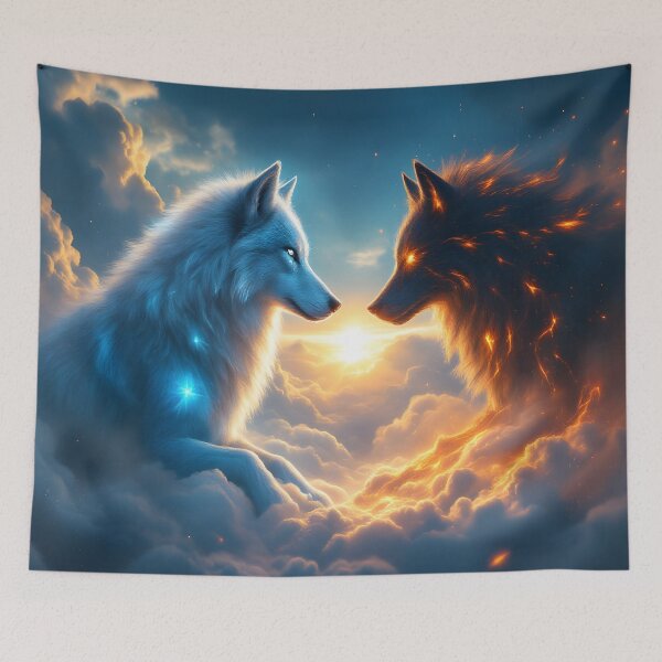 Item preview, Fire and Ice Wolves Art Yin Yang Fantasy Wolf Spirit Duality Illustration designed and sold by DreamyWallVibes.