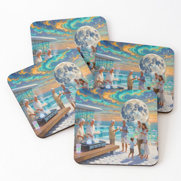 Item preview, Surreal Beach Family Scene Art Dreamlike Ocean Gathering & Futuristic Sky designed and sold by DreamyWallVibes.