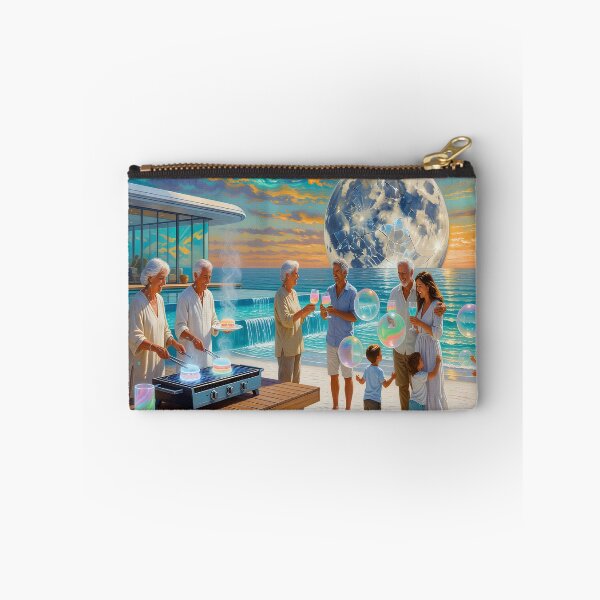 Item preview, Surreal Beach Family Scene Art Dreamlike Ocean Gathering & Futuristic Sky designed and sold by DreamyWallVibes.