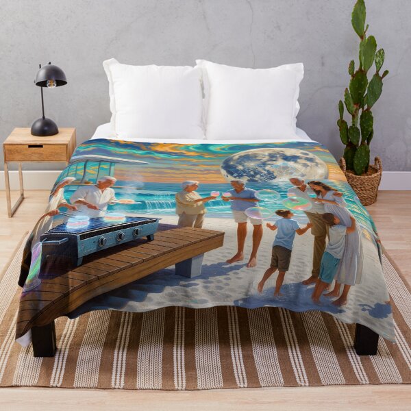 Item preview, Surreal Beach Family Scene Art Dreamlike Ocean Gathering & Futuristic Sky designed and sold by DreamyWallVibes.