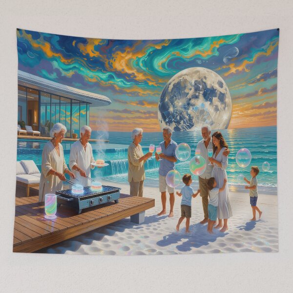 Item preview, Surreal Beach Family Scene Art Dreamlike Ocean Gathering & Futuristic Sky designed and sold by DreamyWallVibes.