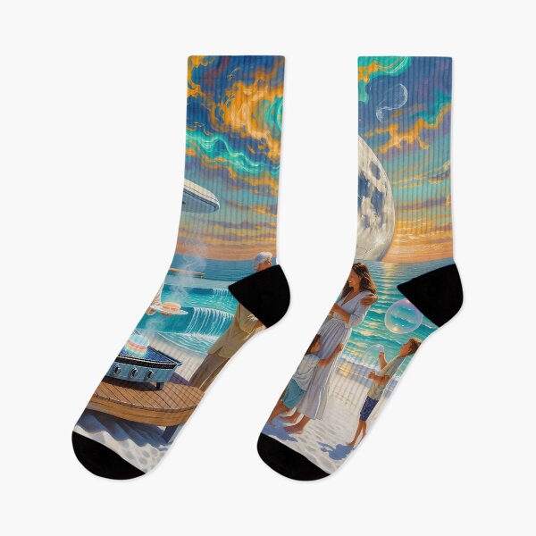 Item preview, Surreal Beach Family Scene Art Dreamlike Ocean Gathering & Futuristic Sky designed and sold by DreamyWallVibes.