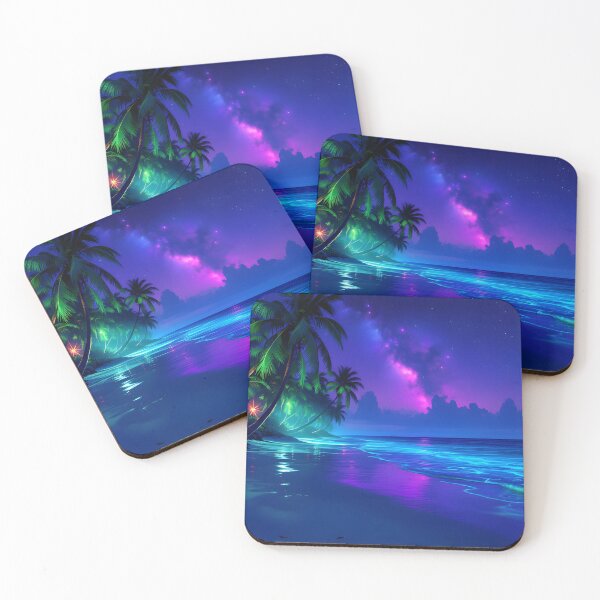 Item preview, Neon Tropical Beach at Night - Purple Pink Galaxy Ocean designed and sold by DreamyWallVibes.