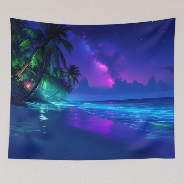 Item preview, Neon Tropical Beach at Night - Purple Pink Galaxy Ocean designed and sold by DreamyWallVibes.