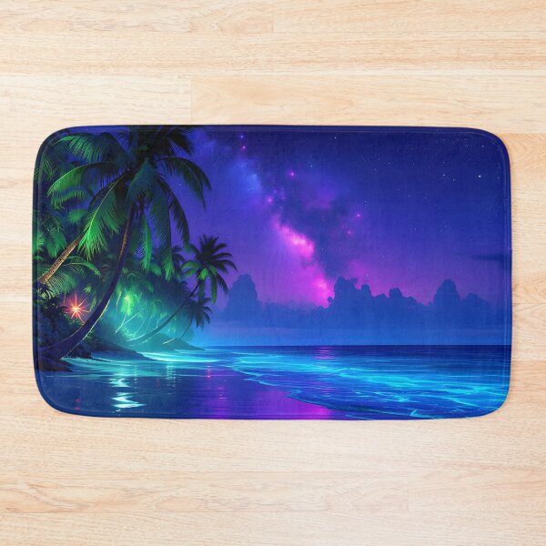 Item preview, Neon Tropical Beach at Night - Purple Pink Galaxy Ocean designed and sold by DreamyWallVibes.