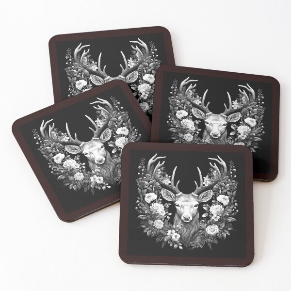 Item preview, Floral Deer Head With Antlers Black and White Woodland Art designed and sold by inkoutninja.