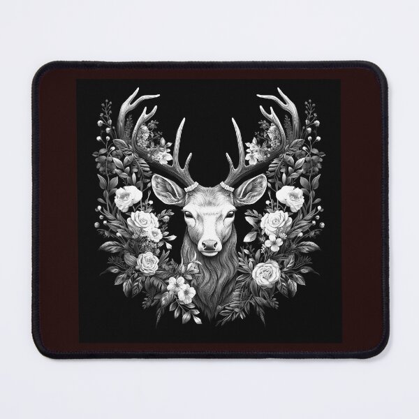 Item preview, Floral Deer Head With Antlers Black and White Woodland Art designed and sold by inkoutninja.