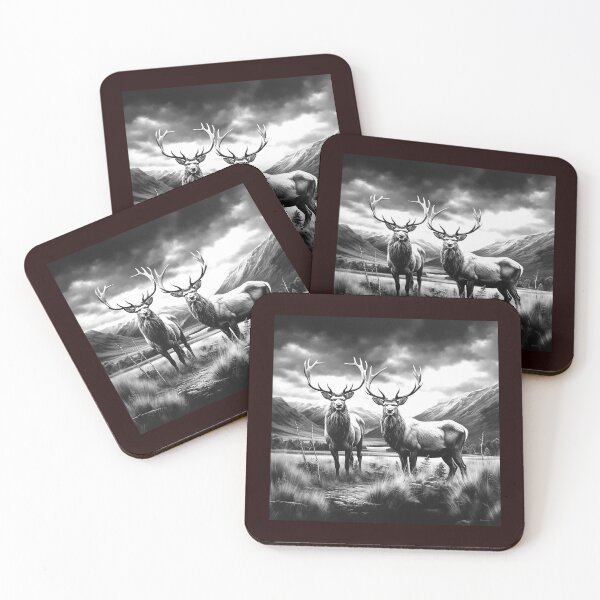 Item preview, Two Majestic Elk in Mountain Valley Black and White Wildlife Art designed and sold by inkoutninja.