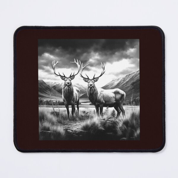Item preview, Two Majestic Elk in Mountain Valley Black and White Wildlife Art designed and sold by inkoutninja.