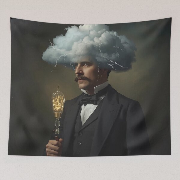 Item preview, The Storm of Genius - Vintage Inventor with Lightning Cloud Head Art designed and sold by UnRealS.