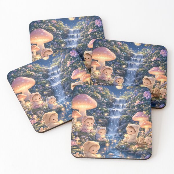 Item preview, Cute Kids Magical Forest Waterfall Night Scene Glowing Fantasy Illustration designed and sold by Teenidesign .