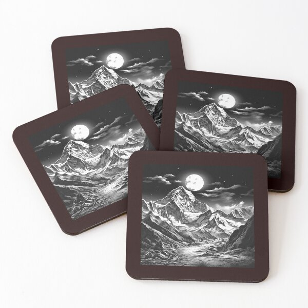 Item preview, Moonlit Mountain Landscape Black and White Nature Art designed and sold by inkoutninja.