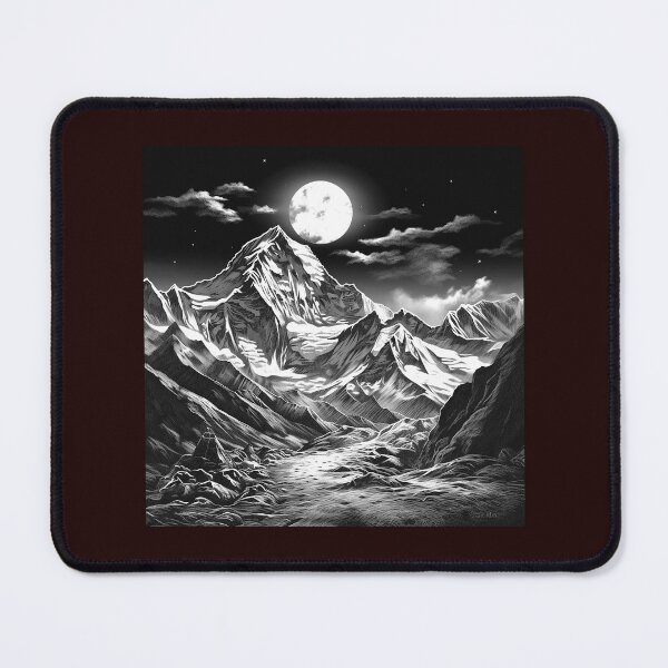 Item preview, Moonlit Mountain Landscape Black and White Nature Art designed and sold by inkoutninja.