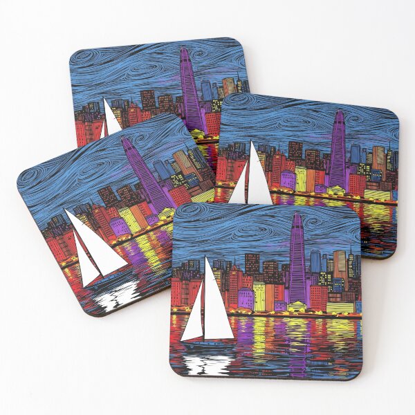 Item preview, Colorful Night Cityscape Sailboats Expressionist Skyline Art designed and sold by PixorStudio.