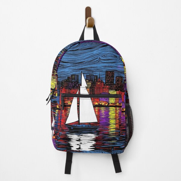 Item preview, Colorful Night Cityscape Sailboats Expressionist Skyline Art designed and sold by PixorStudio.