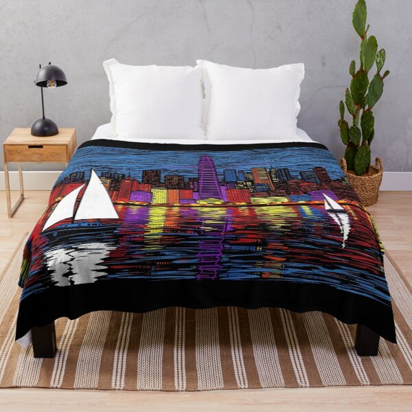 Item preview, Colorful Night Cityscape Sailboats Expressionist Skyline Art designed and sold by PixorStudio.