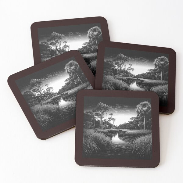 Item preview, Black and White Wetland Landscape With Palm Trees Nature Art designed and sold by inkoutninja.