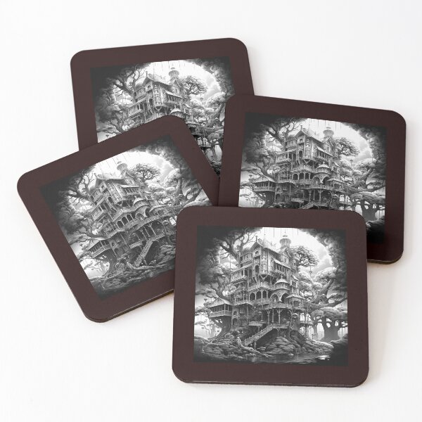 Item preview, Fantasy Treehouse Mansion Black and White Architectural Art designed and sold by inkoutninja.