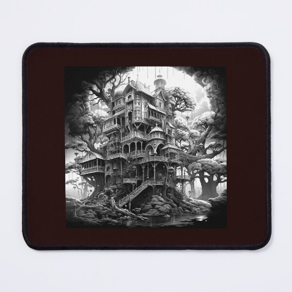 Item preview, Fantasy Treehouse Mansion Black and White Architectural Art designed and sold by inkoutninja.