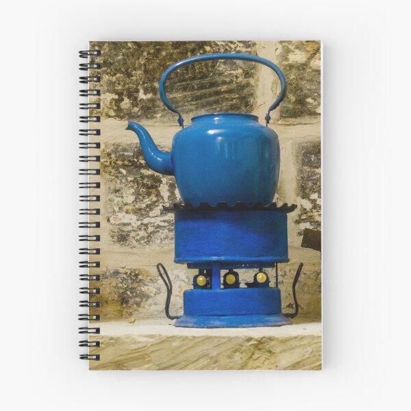 Item preview, Vintage Blue Kettle on Antique Stove Against Rustic Stone Wall, Retro Kitchen Decor designed and sold by Nmallia.