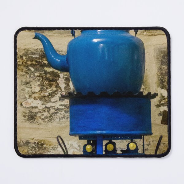 Item preview, Vintage Blue Kettle on Antique Stove Against Rustic Stone Wall, Retro Kitchen Decor designed and sold by Nmallia.