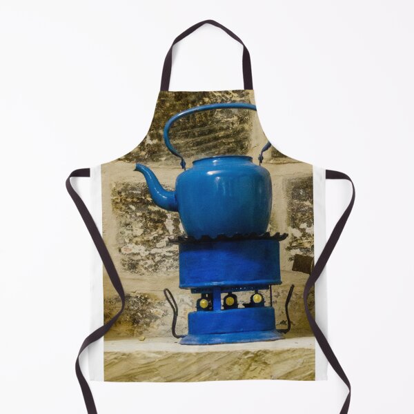 Item preview, Vintage Blue Kettle on Antique Stove Against Rustic Stone Wall, Retro Kitchen Decor designed and sold by Nmallia.