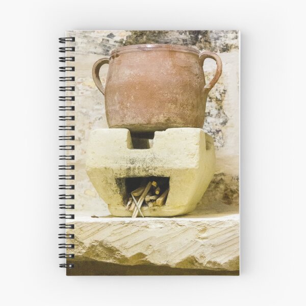 Item preview, Clay Pot on Traditional Clay Stove Over Wood Firewood Hearth in Rustic Vintage Kitchen Scene designed and sold by Nmallia.