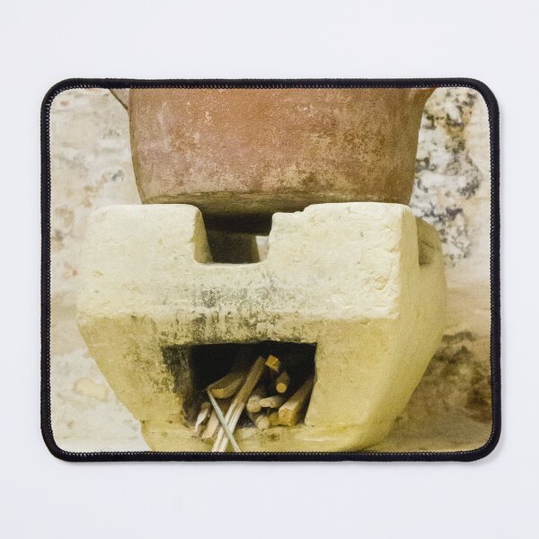 Item preview, Clay Pot on Traditional Clay Stove Over Wood Firewood Hearth in Rustic Vintage Kitchen Scene designed and sold by Nmallia.