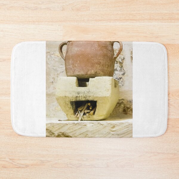 Item preview, Clay Pot on Traditional Clay Stove Over Wood Firewood Hearth in Rustic Vintage Kitchen Scene designed and sold by Nmallia.