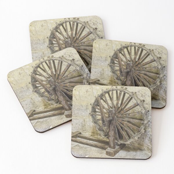 Item preview, Antique Wooden Spinning Wheel Against Stone Wall in Rustic Historic Workshop designed and sold by Nmallia.