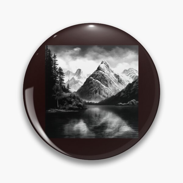 Item preview, Black and White Mountain Lake Landscape Nature Art designed and sold by inkoutninja.