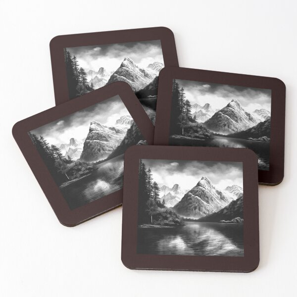 Item preview, Black and White Mountain Lake Landscape Nature Art designed and sold by inkoutninja.