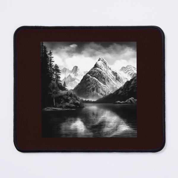 Item preview, Black and White Mountain Lake Landscape Nature Art designed and sold by inkoutninja.