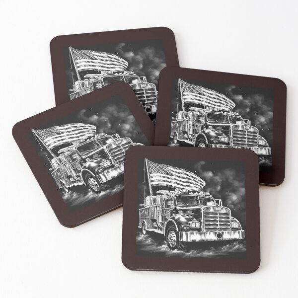 Item preview, Fire Truck With American Flag Black and White First Responder Art designed and sold by inkoutninja.