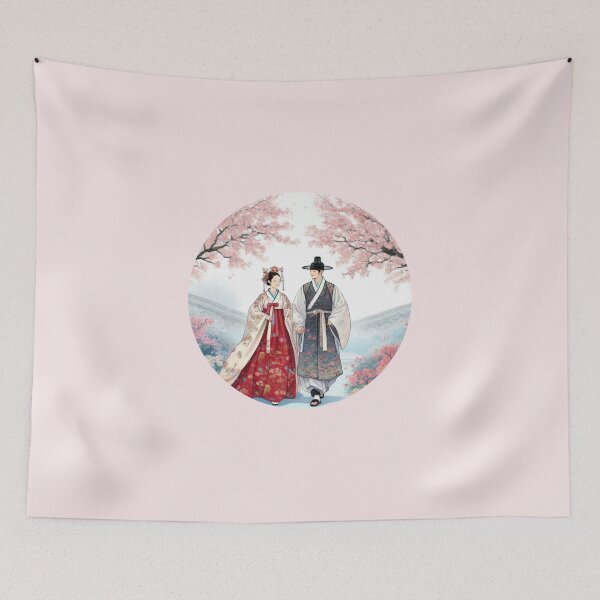 Item preview, Romantic couple walking under cherry blossom trees K-drama in Joseon time designed and sold by NerdiPop.