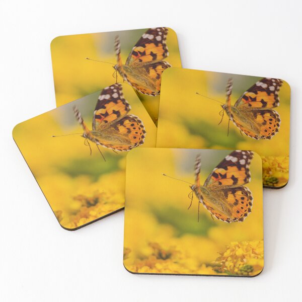 Item preview, Painted Lady Butterfly Hovering Over Bright Yellow Flowers In Sunlit Summer Garden designed and sold by Nmallia.