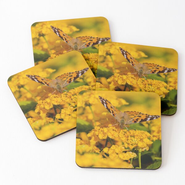 Item preview, Painted Lady Butterfly Hovering Over Bright Yellow Flowers In Sunlit Summer Garden designed and sold by Nmallia.
