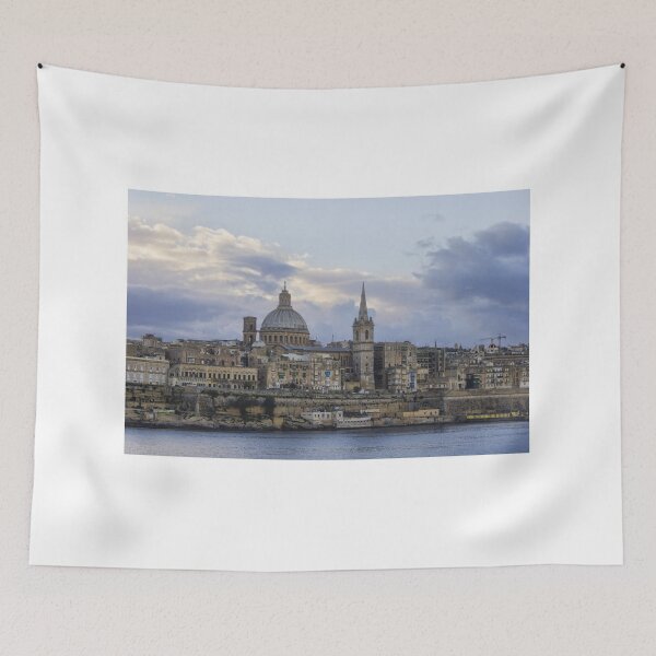 Item preview, Valletta Malta Skyline at Dusk With Basilica Dome and Historic Limestone Buildings Along the Harbor designed and sold by Nmallia.