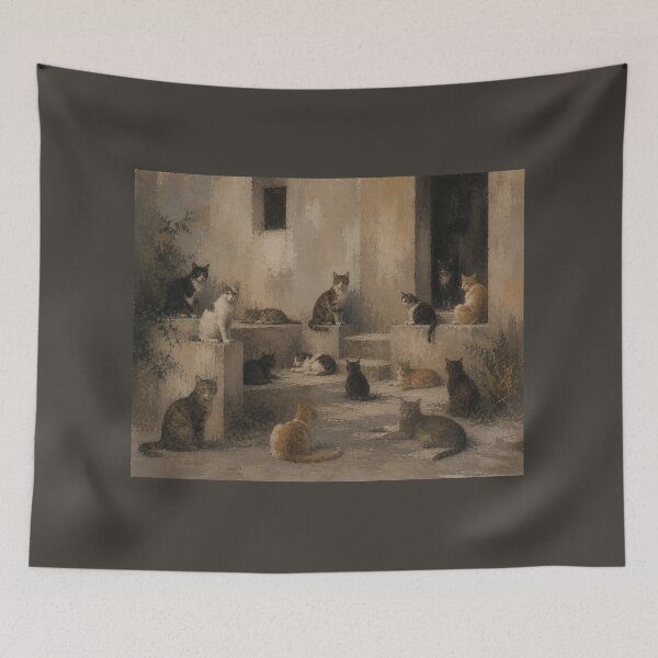 Item preview, Cat Colony Painting – Cozy Cats in Rustic Mediterranean Courtyard designed and sold by DrizzyV.
