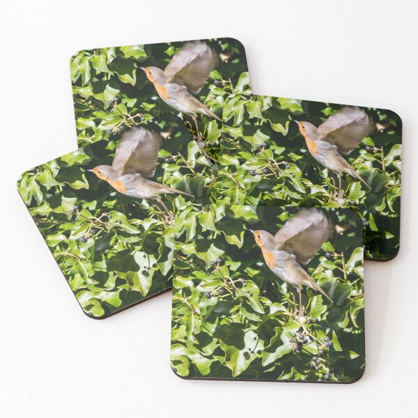 Item preview, European Robin Taking Flight Among Green Ivy Berries in Sunlit Garden Foliage designed and sold by Nmallia.