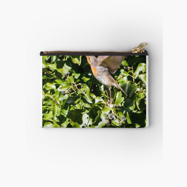 Item preview, European Robin Taking Flight Among Green Ivy Berries in Sunlit Garden Foliage designed and sold by Nmallia.