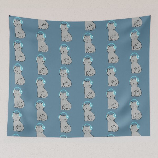 Item preview, Cute Grey Cat with Blue Headphones designed and sold by winterpumpkin.